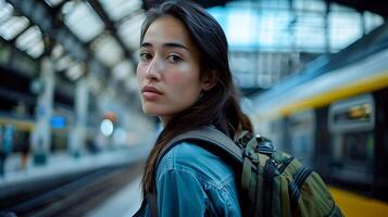 ai gerado jovem mulher explora europeu cidade com mochila Câmera e mapa em pedra caminho foto