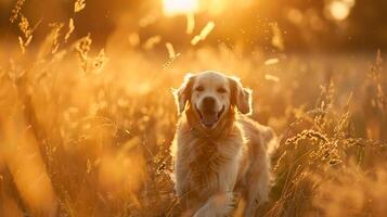 ai gerado dourado retriever abraços liberdade no meio alta Relva se aqueceu dentro natural luz solar foto