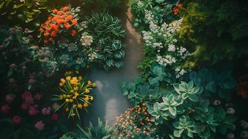 ai gerado exuberante jardim oásis colorida floresce e suave natural luz trazer serenidade foto
