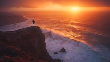 ai gerado resiliente figura rostos tirar o fôlego pôr do sol ondas batida abaixo silhueta exala determinação e confiança foto