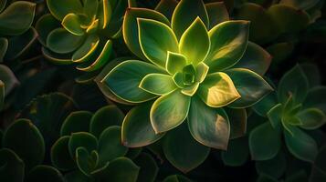 ai gerado vibrante verde folha focado no meio luz solar e folhagem foto