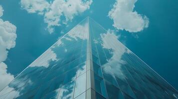 ai gerado moderno arranha-céu refletindo azul céu e nuvens ângulo amplo tiro capturando inteira construção a partir de inferior para topo foto