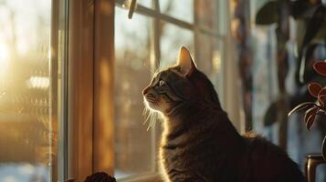 ai gerado malhado gato curiosamente olhando Fora iluminado pelo sol janela capturado dentro médio fechar-se com 50mm lente foto