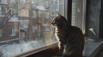 ai gerado curioso malhado gato se aquece dentro suave natural luz em peitoril da janela foto