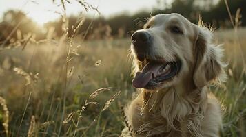 ai gerado fofo dourado retriever brincadeiras dentro gramíneo campo capturado dentro fechar-se com 50mm lente foto