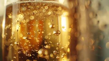 ai gerado efervescente champanhe bolhas dança dentro dourado luz solar capturado com macro lente foto