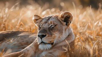 ai gerado majestoso leoa descansos dentro africano savana suavemente borrado extensão além alta Relva foto