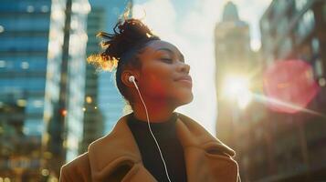 ai gerado jovem mulher danças para música dentro borrado paisagem urbana com sem fio fones de ouvido foto