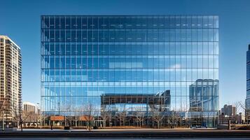 ai gerado vidro escritório construção reflete paisagem urbana debaixo azul céu dentro Largo telefoto tiro foto