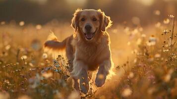 ai gerado dourado retriever brincadeiras através iluminado pelo sol flores silvestres Prado dentro fechar-se foto