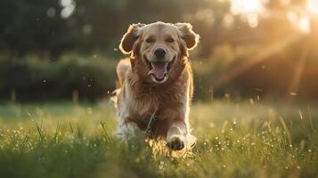 ai gerado dourado retrievers majestoso pôr do sol corre capturado com íntimo 50mm foco foto