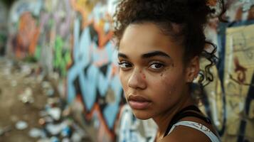 ai gerado urbano juventude confronta grafitado cena em meio a urbano decair foto