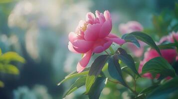 ai gerado vibrante Rosa peônia dentro cheio flor capturado com delicado detalhes e suave natural luz foto