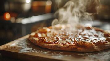 ai gerado fresco pizza iluminado de derretido queijo e vapor contra rústico cozinha pano de fundo foto