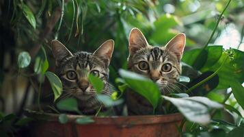 ai gerado curioso gatos espreitar a partir de verde folhagem capturado dentro fechar-se com 50mm lente foto