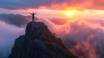 ai gerado triunfante figura abraços nascer do sol superar desafios com determinação e resiliência foto