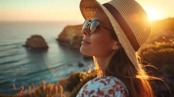 ai gerado mulher abraços pôr do sol serenidade em penhasco Beira com chapéu de sol e oculos de sol foto
