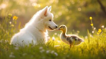 ai gerado improvável duo cachorro e Pato mostruário comovente vinculo no meio vibrante Prado banhado dentro suave dourado luz solar foto