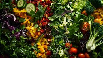 ai gerado vibrante salada tigela capturado acima fechar com 50mm lente exibindo fresco ingredientes e colorida texturas foto