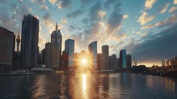 ai gerado cidade Horizonte brilha às pôr do sol moderno arranha-céus e histórico edifícios banhado dentro suave natural luz foto