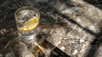 ai gerado espumante água com limão em rústico mesa emoldurado de borrado vegetação foto