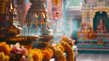 ai gerado tradicional hindu sacerdote executa colorida têmpora ritual dentro lindo cerimônia foto