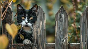 ai gerado curioso gato pares através rústico cerca dentro quintal jardim foto