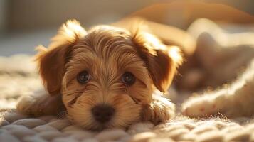 ai gerado curioso cachorro se aquece dentro luz solar capturado com fechar-se 50mm lente foto