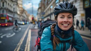 ai gerado sorridente ciclista abraços urbano passeio cercado de brilhante azul céu e urbano edifícios foto