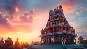ai gerado intrincado hindu têmpora brilha às pôr do sol com vibrante cores e iluminado esculturas foto