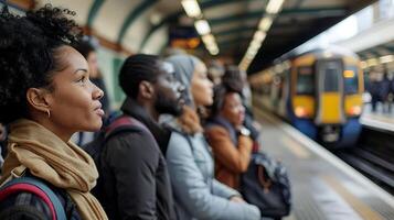 ai gerado diverso viajantes aguardam trem chegada em plataforma dentro fechar-se 50mm tiro foto