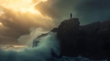 ai gerado resiliente figura rostos tormentoso mar abraçando esperança no meio Sombrio nuvens foto