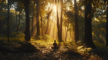 ai gerado ioga no meio majestoso árvores dentro tranquilo iluminado pelo sol floresta compensação foto