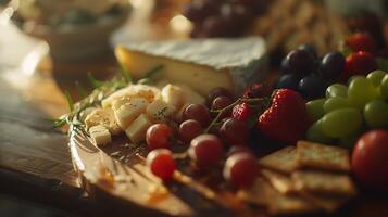 ai gerado delicioso charcutaria borda sortido queijos curado carnes azeitonas e artesanal pão em rústico mesa foto