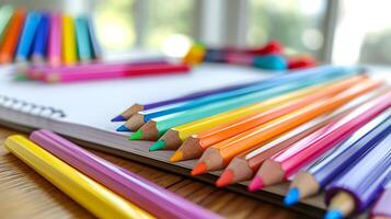 ai gerado vibrante marcadores e lápis organizado em escrivaninha pronto para criativo expressão foto