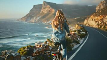 ai gerado mulher ciclismo através cidade parque banhado dentro suave natural luz foto