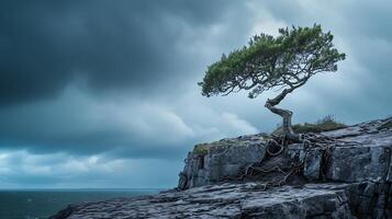 ai gerado resiliente solitário árvore desafia tempestade em rochoso penhasco enraizado dentro força no meio rodopiando Sombrio nuvens foto