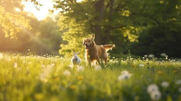 ai gerado inesperado animal amizades dourado retriever Coelho gato e papagaio abraço diversidade dentro manchado de sol jardim foto