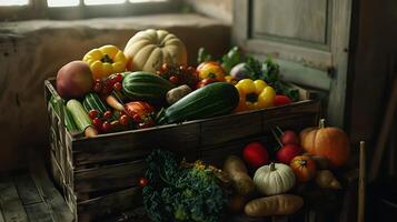 ai gerado rústico de madeira engradado detém colorida matriz do fresco frutas e legumes dentro suave natural luz foto