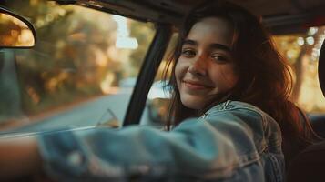 ai gerado jovem mulher sorrisos olhando Fora do avião janela nuvens dentro fundo foto