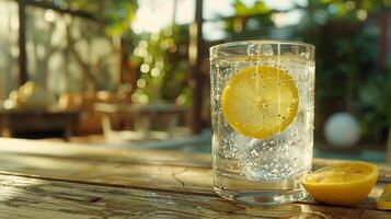 ai gerado refrescante limonada servido em rústico de madeira mesa no meio borrado jardim fundo foto