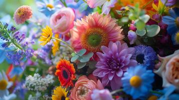 ai gerado sortido flores vibrante arranjado dentro rústico vaso conjunto contra suave fundo foto