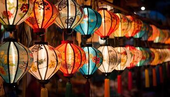 ai gerado chinês lanternas suspensão dentro uma linha iluminar a noite celebração gerado de ai foto