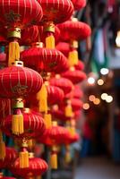 ai gerado chinês lanternas iluminar a noite, simbolizando vibrante cultura e tradição gerado de ai foto
