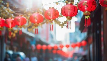 ai gerado chinês lanternas iluminar a vibrante noite do Chinatown celebração gerado de ai foto