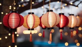 ai gerado chinês lanternas iluminar a noite, a comemorar vibrante chinês cultura gerado de ai foto