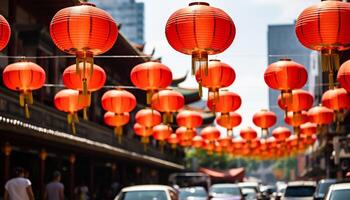 ai gerado chinês lanternas iluminar a vibrante noite do Pequim Chinatown gerado de ai foto