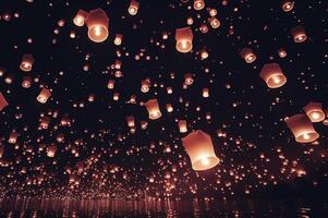 ai gerado tradicional chinês lanternas iluminar a noite, simbolizando sorte e felicidade gerado de ai foto