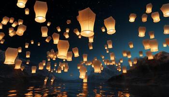 ai gerado tradicional chinês lanternas iluminar a noite, simbolizando espiritualidade e sorte gerado de ai foto