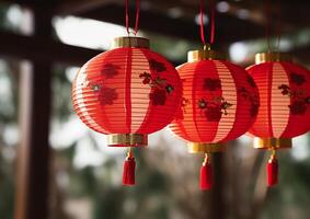 ai gerado chinês lanternas suspensão dentro a noite, iluminador tradições e culturas gerado de ai foto